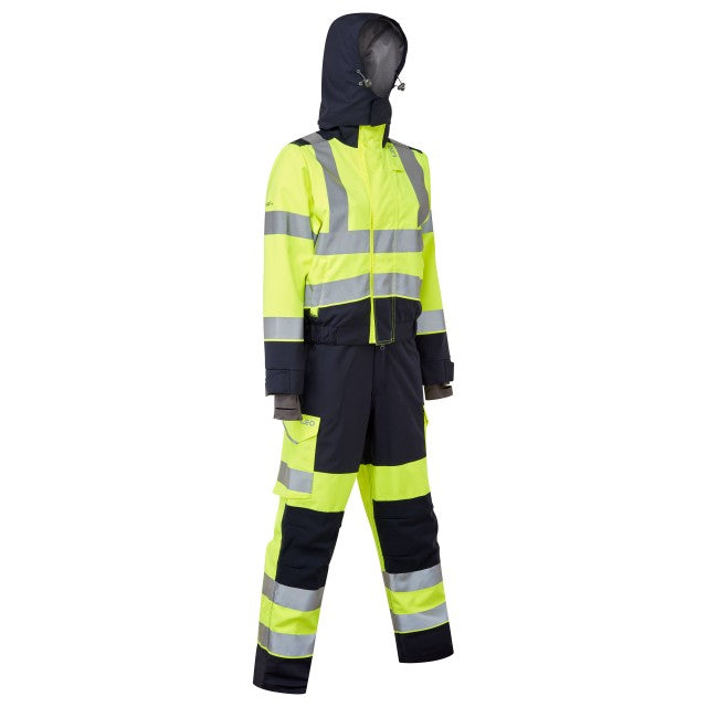 Right side view of the Leo Workwear Honeychurch women's yellow/navy coverall, highlighting its practical, safe design.
