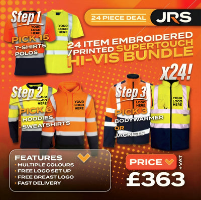 24 Item Embroidered/Printed Hi-Vis Workwear Bundle - Supertouch Polos, T-Shirts, Hoodies & Bodywarmers