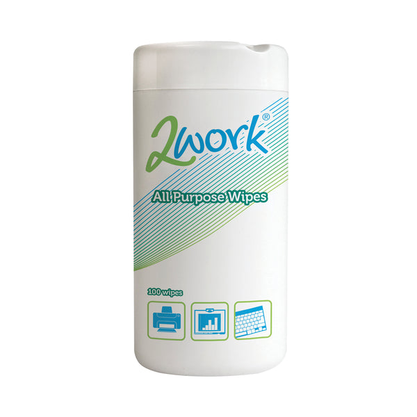 A tub of 100 2Work all-purpose wipes.