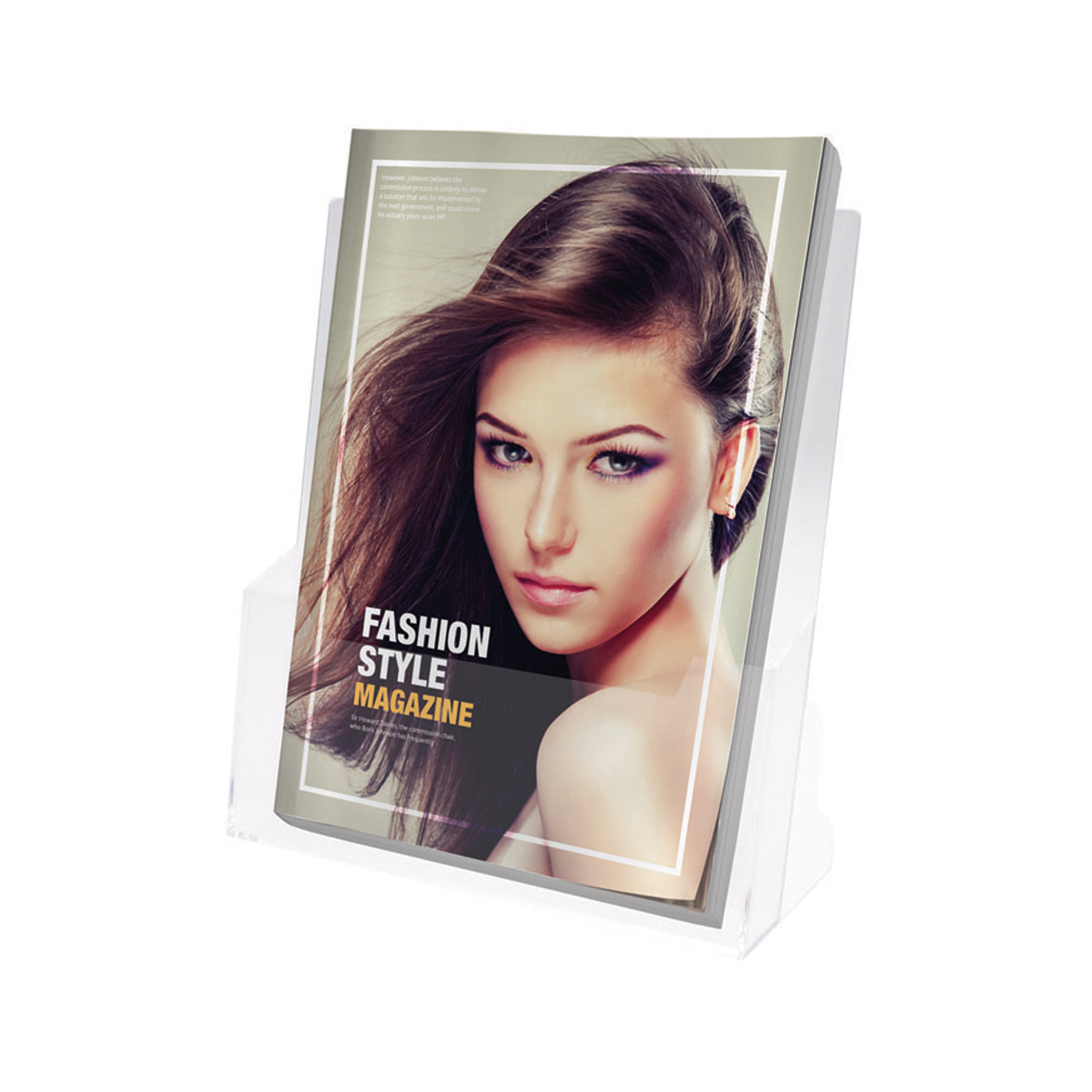 Announce single-pocket A5 literature holder (DF10086) in a transparent freestanding design.