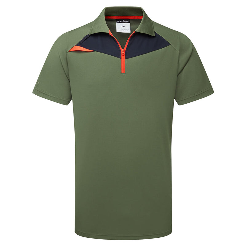 Front view of the Portwest DX4 Polo Shirt in a bright orange and grey color.