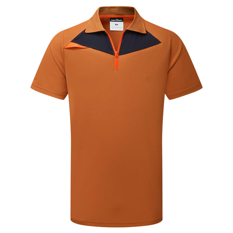 Front view of the Portwest DX4 Polo Shirt in a vibrant red and grey color.