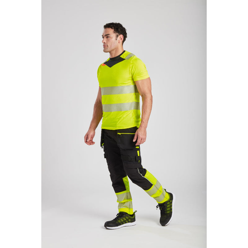Angled view of the hi-vis trousers showing side pockets.
