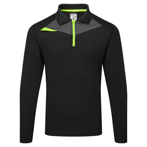 black and red Portwest DX4 long-sleeve polo shirt.