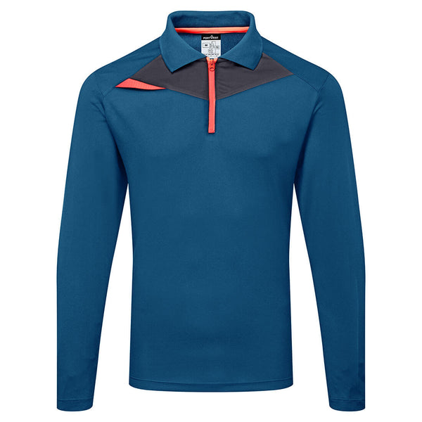 blue and black Portwest DX4 long-sleeve polo shirt.