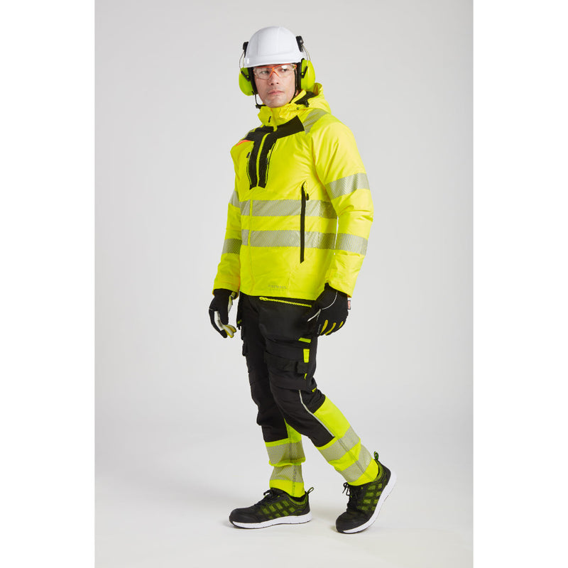 Model showing the back of the Yellow Portwest DX4 Hi-Vis Winter Jacket.