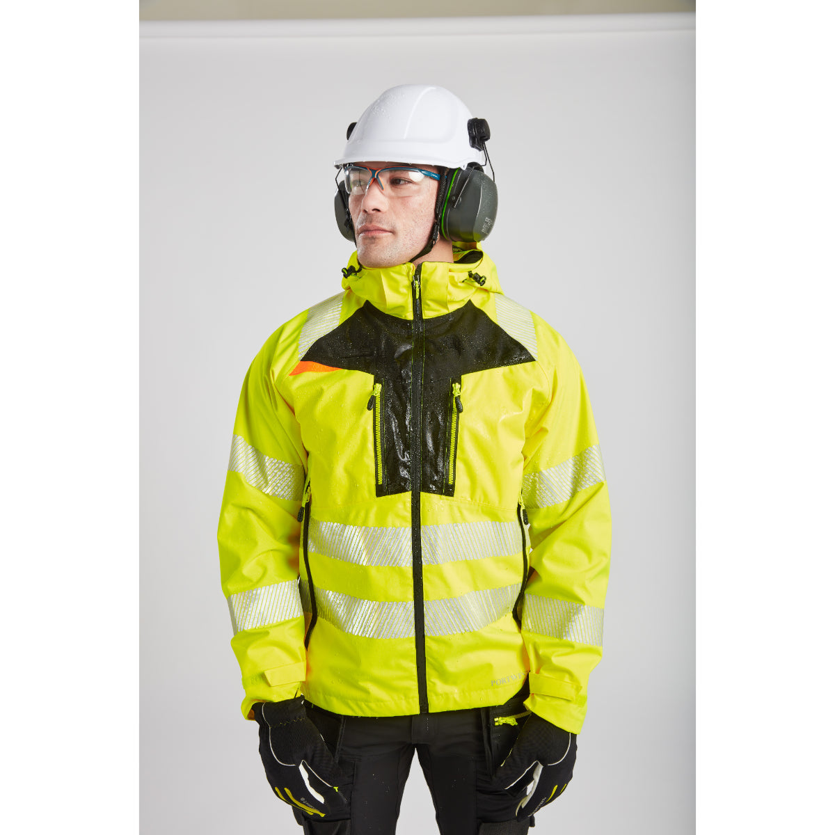 Portwest DX4 Hi-Vis Rain Jacket showing its hood.