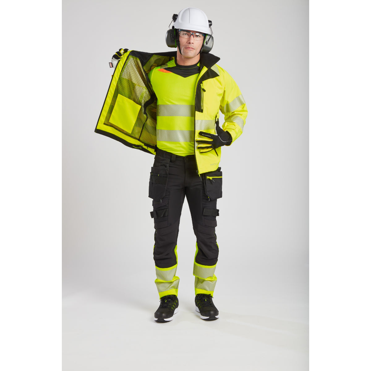 Full workwear outfit featuring the Portwest DX4 Hi-Vis Rain Jacket.