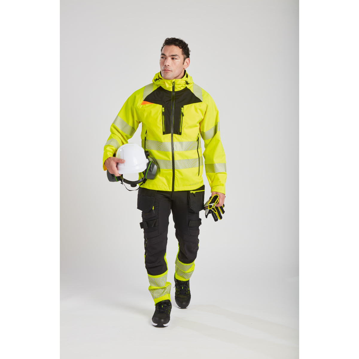 Close-up detail of the Portwest DX4 Hi-Vis rain jacket's seams.