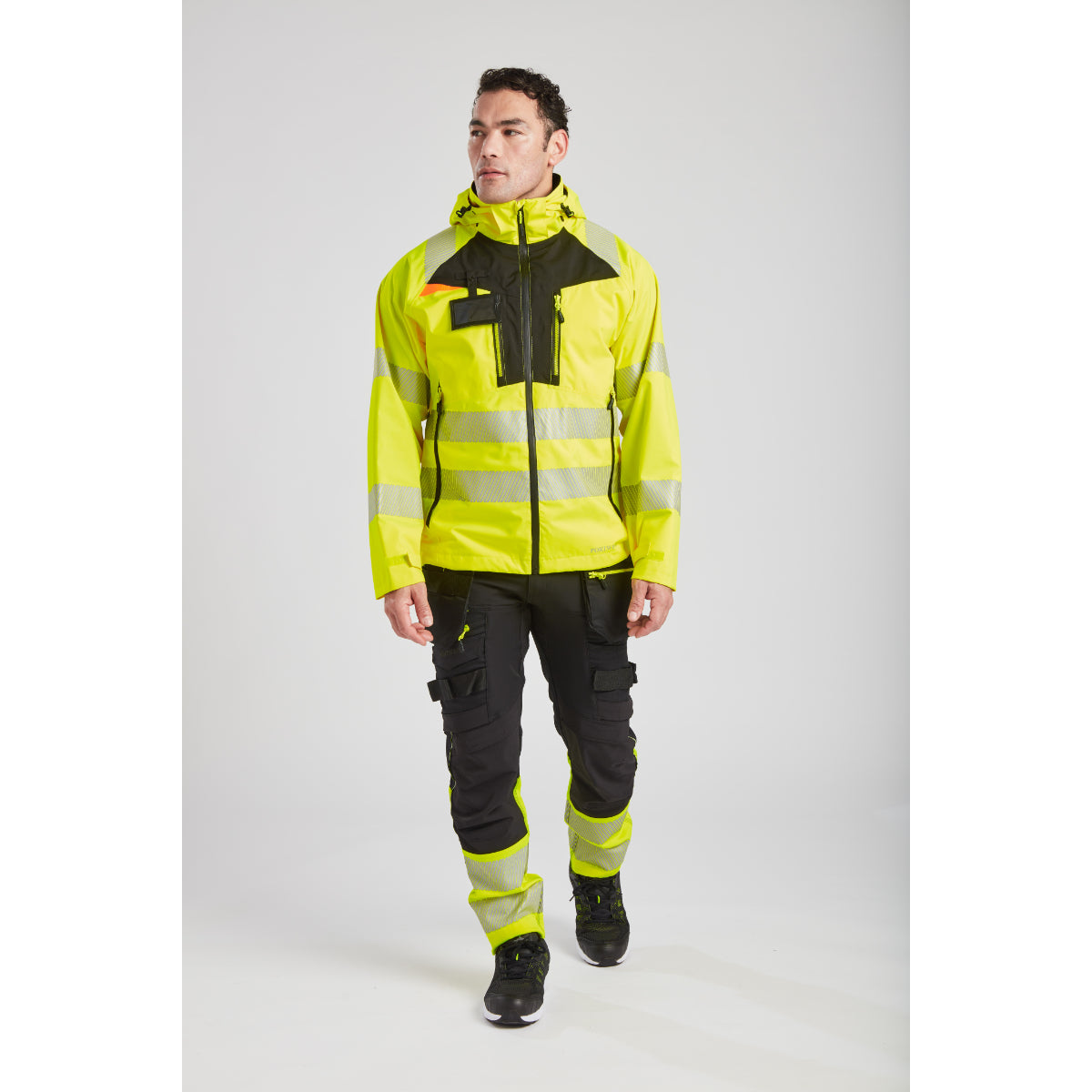Close-up of the Portwest DX4 rain jacket's design and fabric.