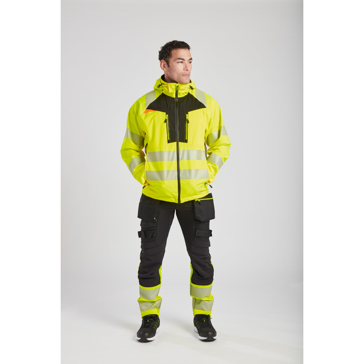 Front profile of the Portwest hi-vis rain jacket for wet conditions.