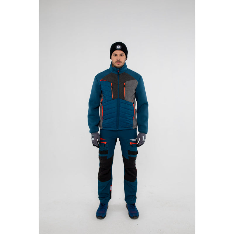Front view of a Portwest DX4 Hybrid Baffle Jacket on a hanger showcasing its design.