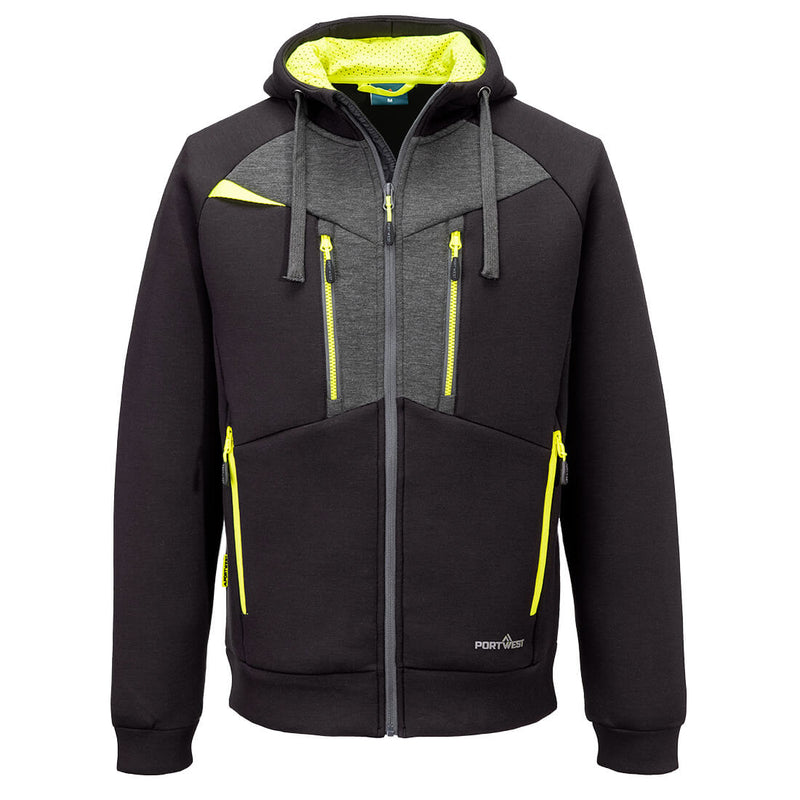 Front view of a black Portwest DX4 Zipped Hoodie ideal for work or casual wear.