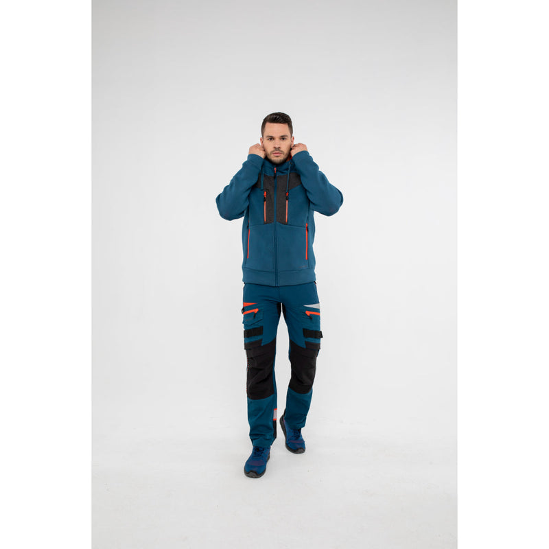 Front view of a black Portwest DX4 Zipped Hoodie on a hanger showcasing full design.