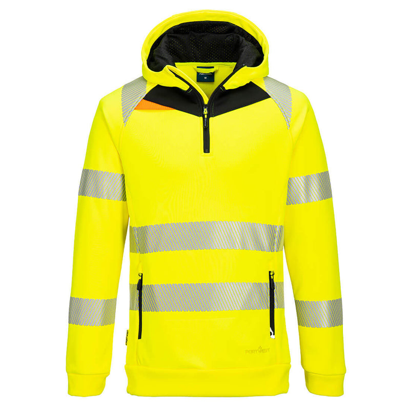 Portwest DX4 Hi-Vis 1/4 Zip Hoodie in yellow and grey.