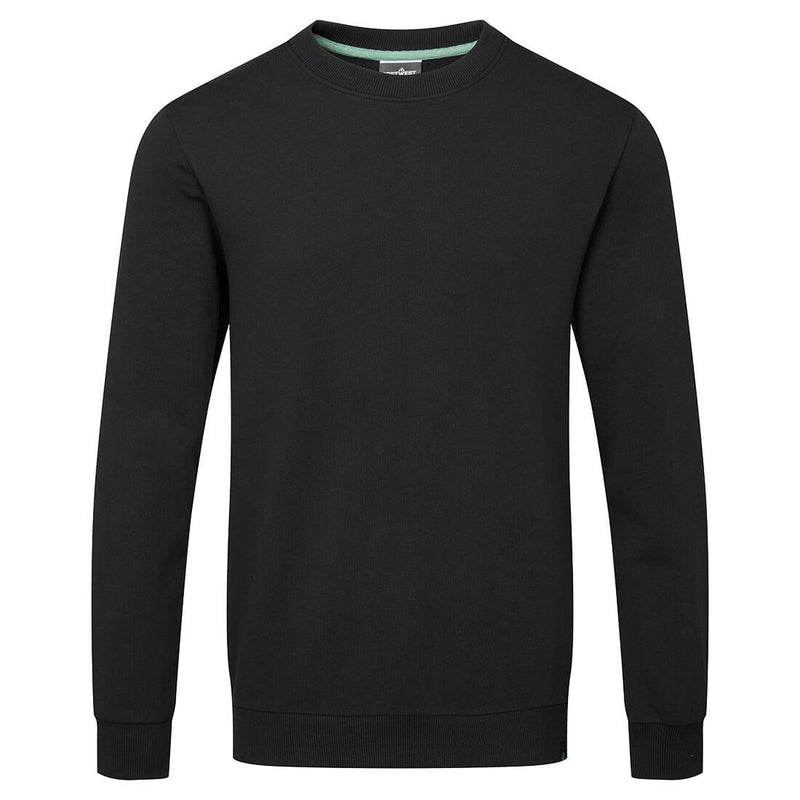 Plain black crew neck sweatshirt with long sleeves and ribbed cuffs