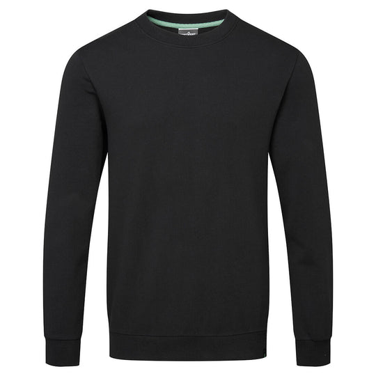 Plain black crew neck sweatshirt with long sleeves and ribbed cuffs