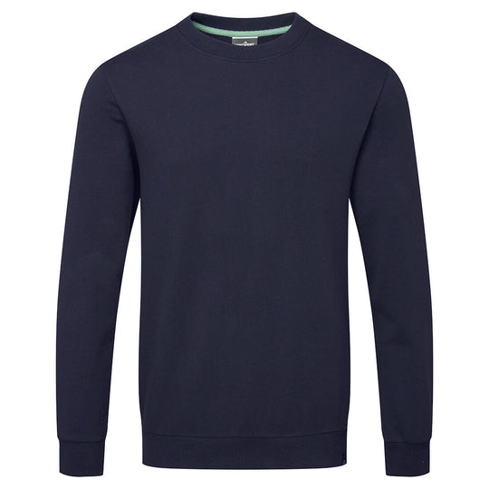 Plain navy blue crew neck sweatshirt with long sleeves and ribbed cuffs