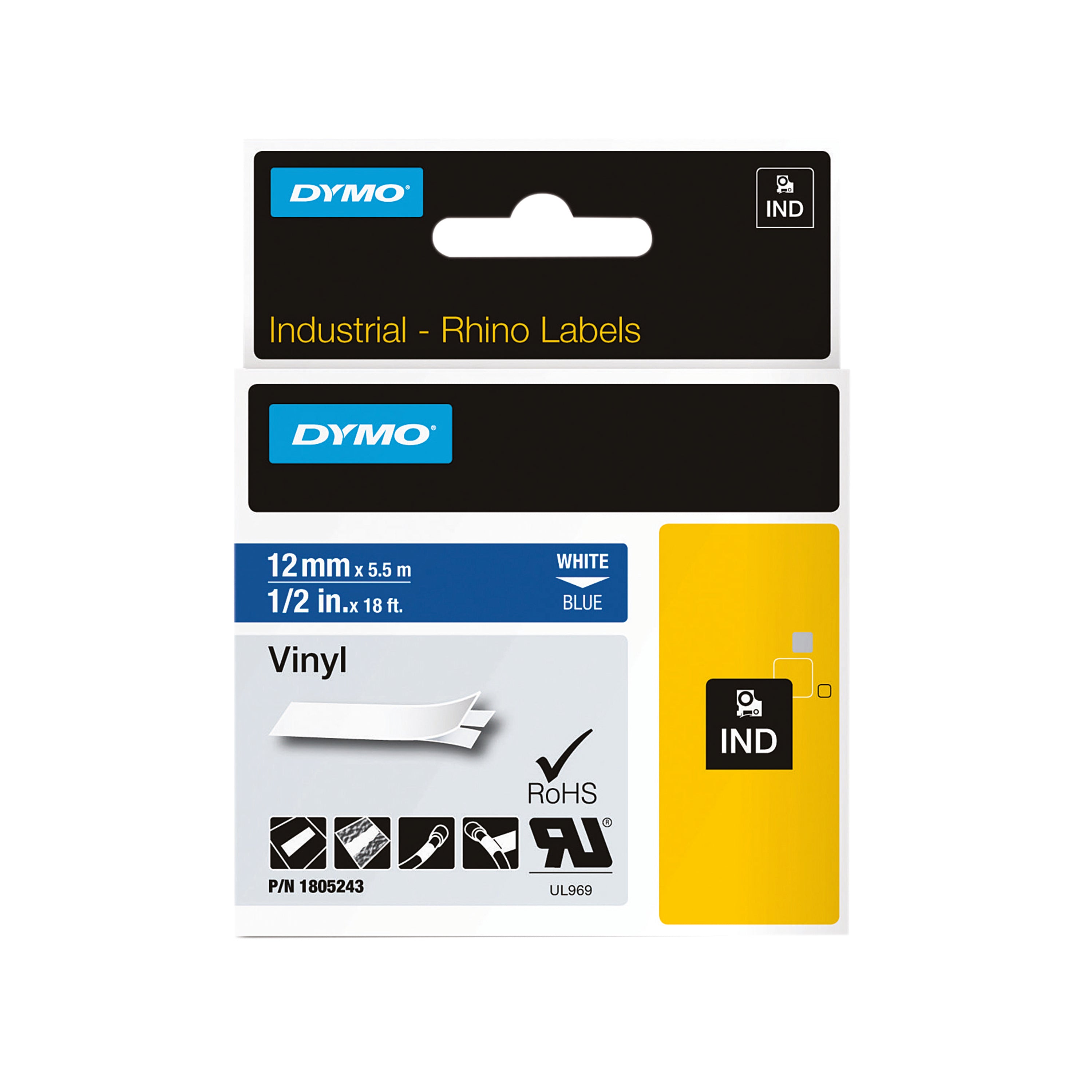 Dymo 18444 Rhino Label Printer Tape 12mmx5.5m Black on White S0718600