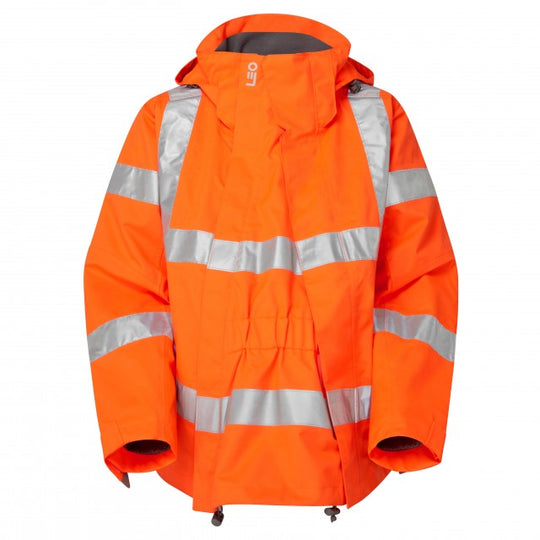 Leo Workwear Rosemoor women's jacket in orange with the maternity expander panel attached for a comfortable fit.
