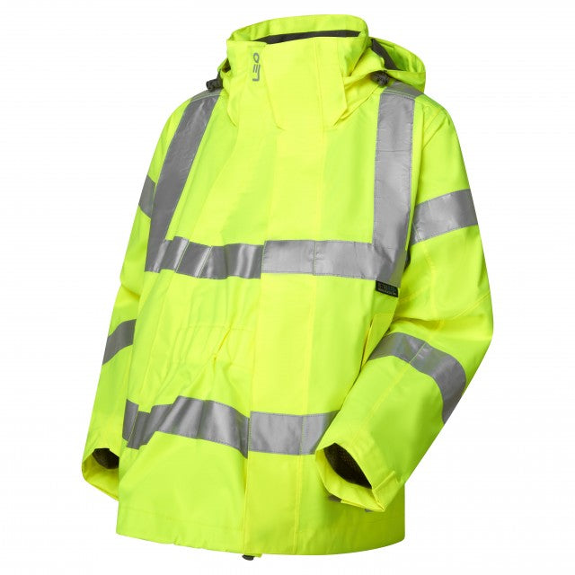 Leo Workwear yellow hi-vis maternity trouser expander panel with button fastening for adjustable fit