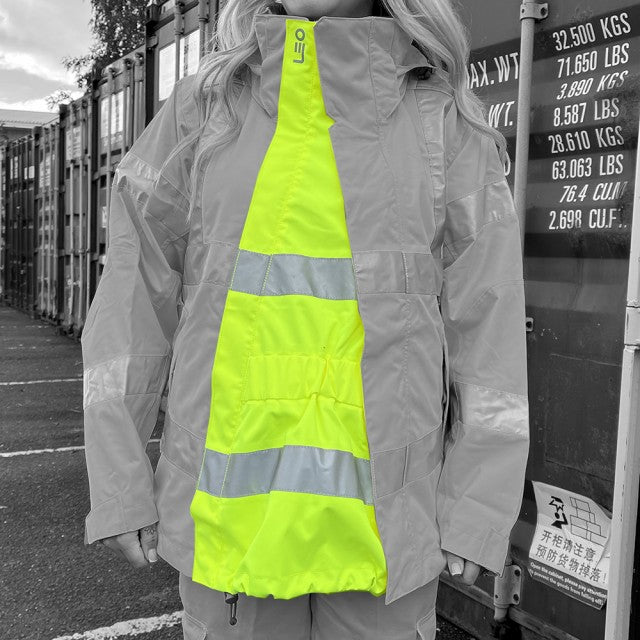 Leo Workwear yellow hi-vis maternity expander panel for trousers, offering added waist flexibility
