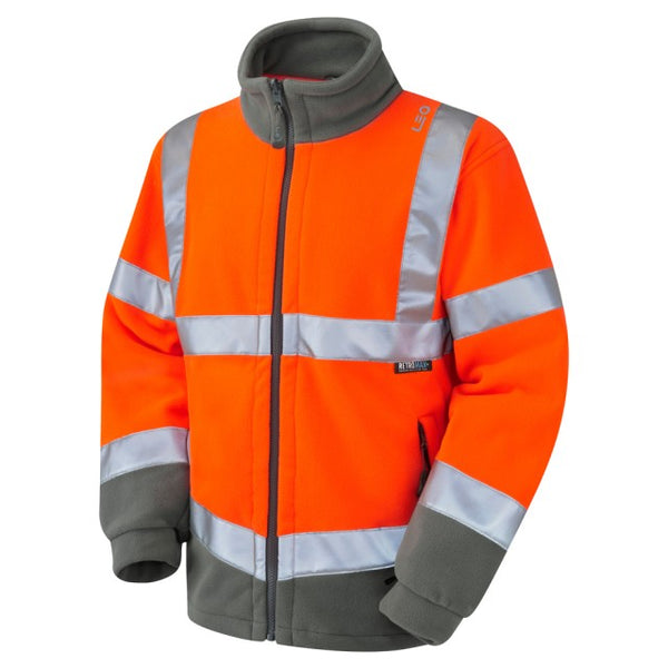 Leo Workwear hi-vis orange fleece jacket with reflective tape for warmth and enhanced visibility