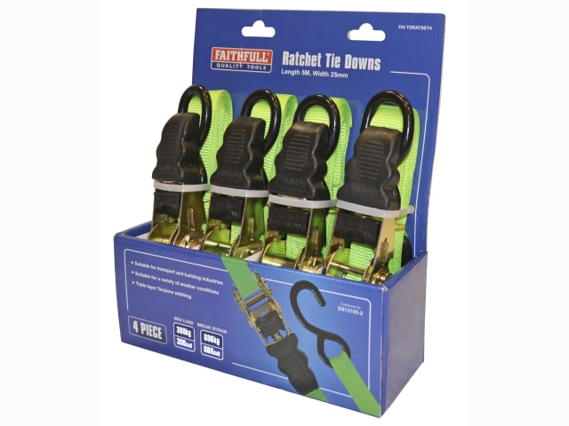 Faithfull Ratchet Tie-Downs 5m x 25mm Green 4 Piece - [CLEARANCE]