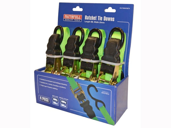 Faithfull Ratchet Tie-Downs 5m x 25mm Green 4 Piece - [CLEARANCE]