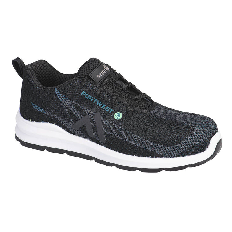 Black composite safety trainer with green accents, lightweight and slip-resistant sole.