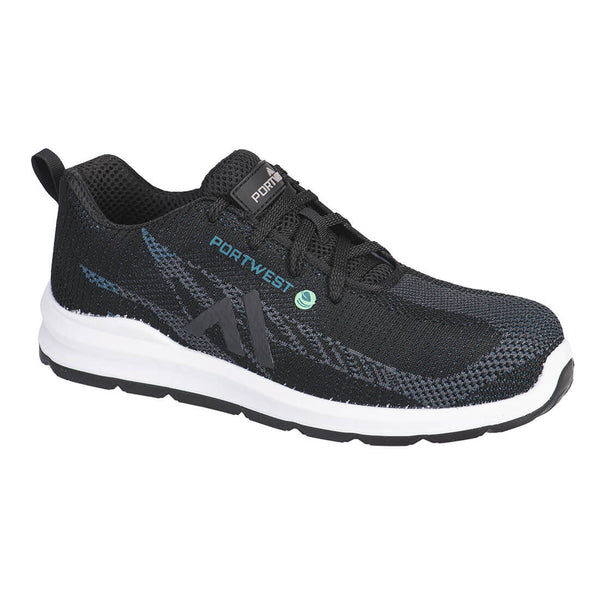 Black composite safety trainer with green accents, lightweight and slip-resistant sole.