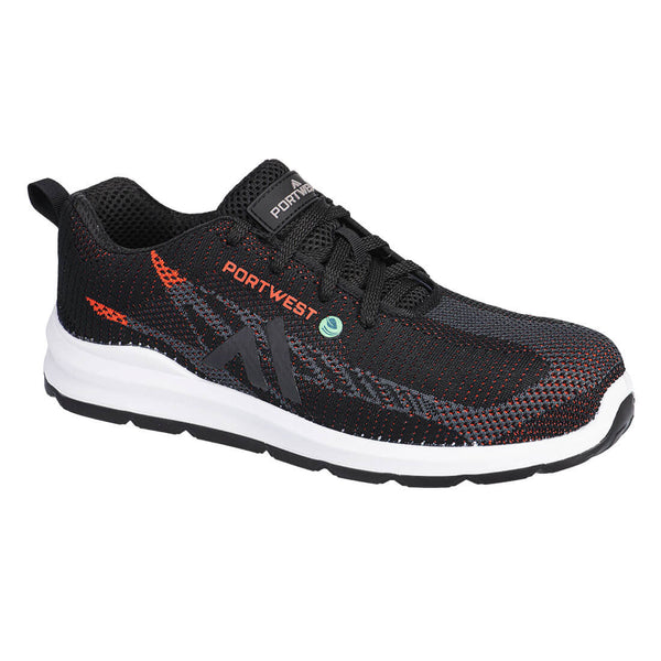 Rear view of eco-friendly trainer with padded collar and anti-static features.