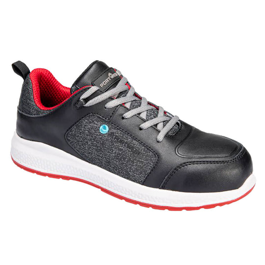 Side view of black composite trainer with padded collar and slip-resistant outsole.