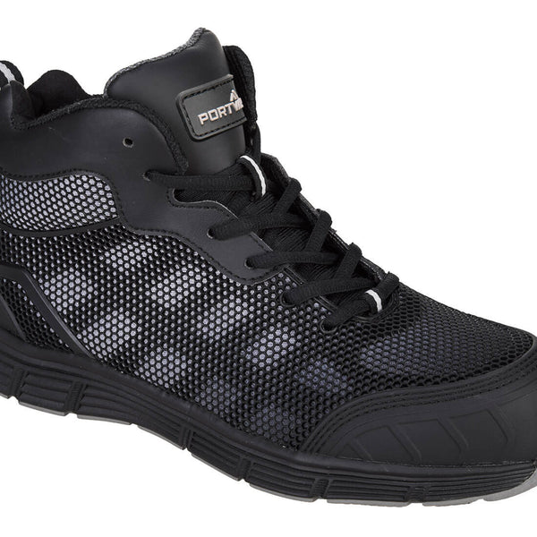 Black safety boot with green accents, composite toe, and puncture-resistant sole.