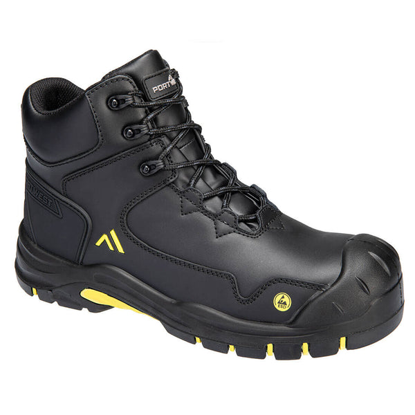 Side view of black and yellow safety boot with rugged outsole and padded ankle support.