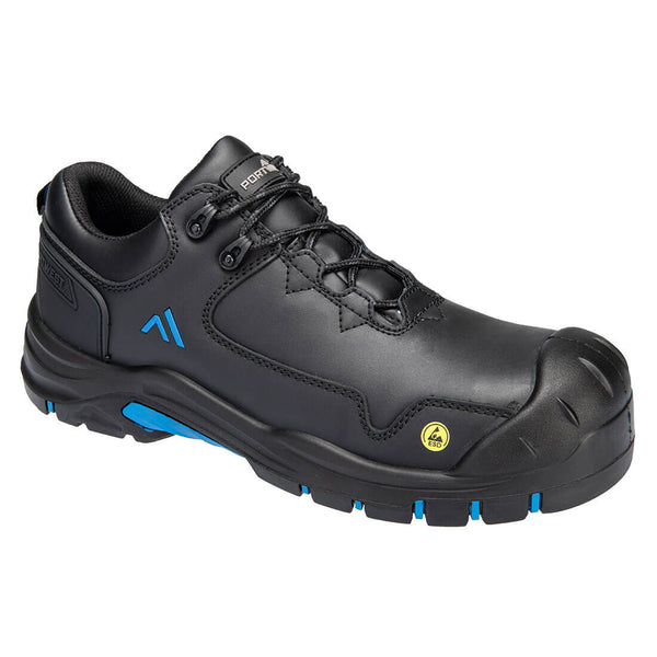 Black low-cut safety shoe with composite toe and slip-resistant sole.