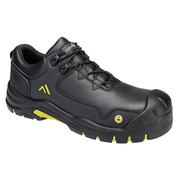 Black and yellow safety shoe with ESD protection and cushioned insole.
