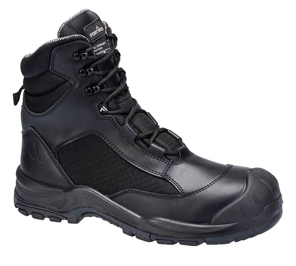 Black occupational boot with padded collar and slip-resistant sole for all-day comfort.