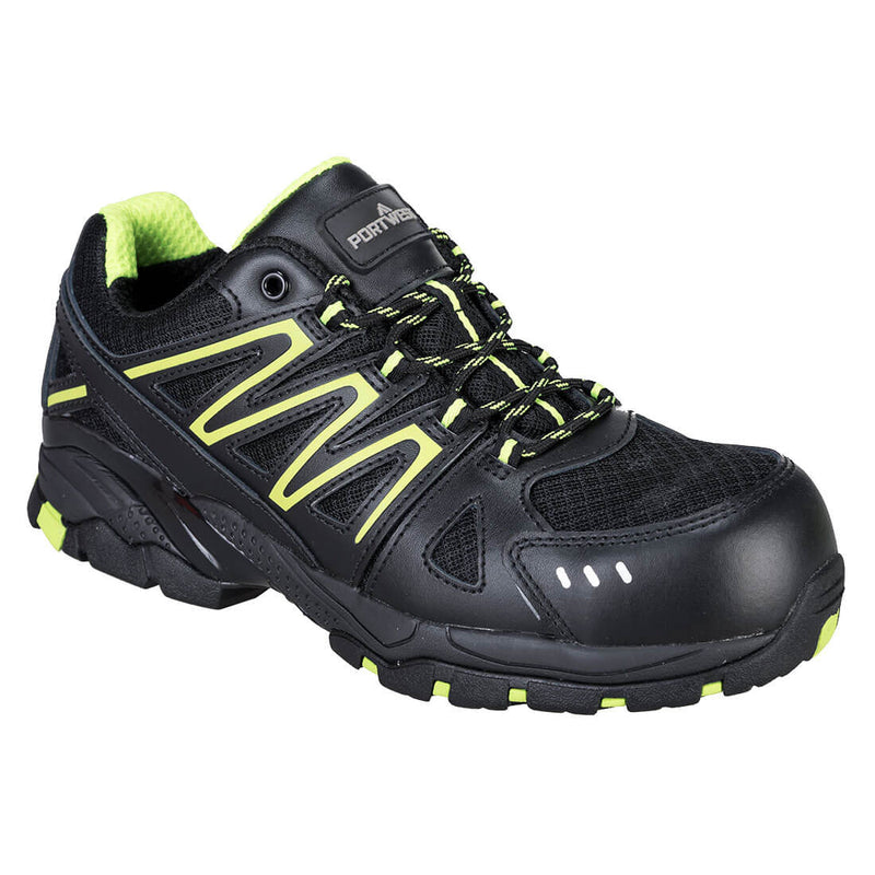 Light grey and green composite trainer with breathable mesh and slip-resistant sole.