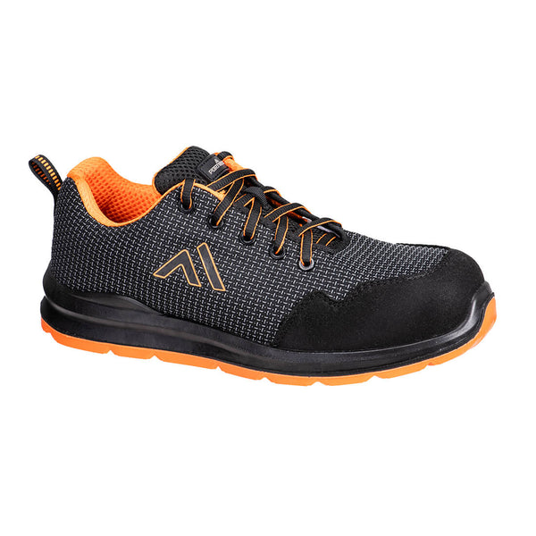 Black and red composite safety trainer with reinforced toe and padded collar.