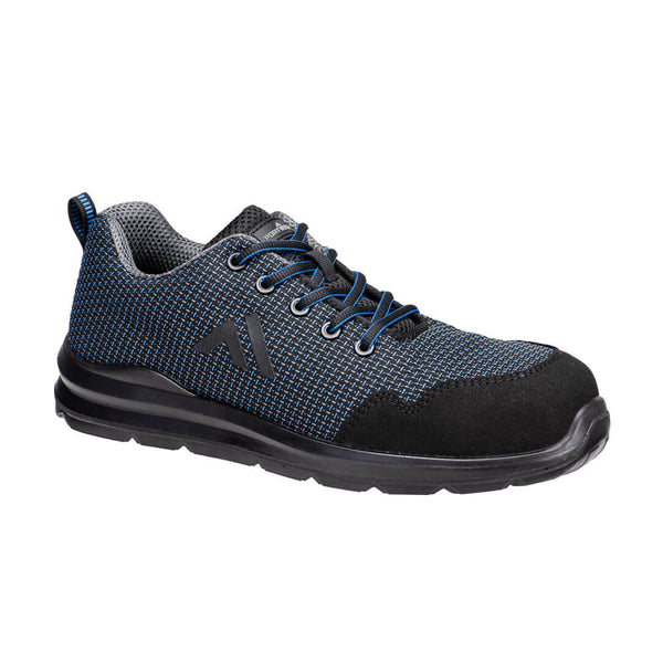 Navy blue and red composite trainer with mesh panels and slip-resistant outsole.