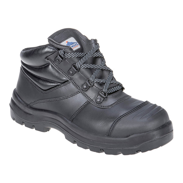 Black safety boot with reinforced toe, heat-resistant sole, and ankle support.