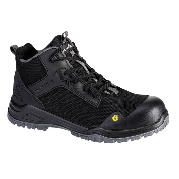 Black and grey mid-cut composite boot with ESD protection and rugged outsole.