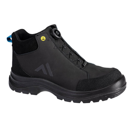 Black mid boot with composite toe, padded collar, and slip-resistant sole.