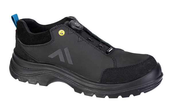 Black low-cut composite safety shoe with ESD protection and cushioned insole.