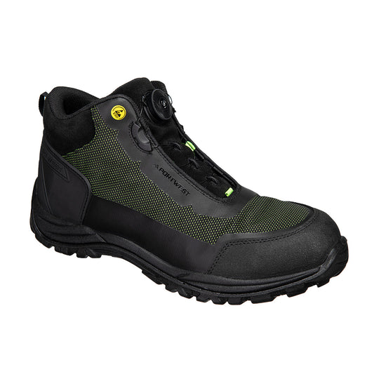 Black and green mid-cut composite boot with reinforced toe and rugged outsole.