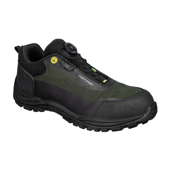 Black and green low-cut composite safety shoe with slip-resistant sole.
