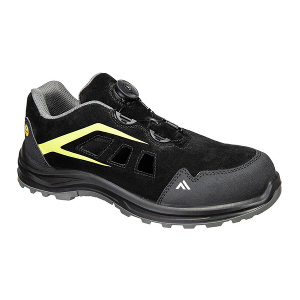 Black and green composite safety sandal with adjustable straps and slip-resistant sole.