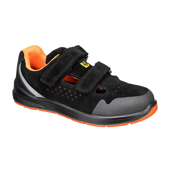 Black and grey safety sandal with breathable upper and composite toe protection.