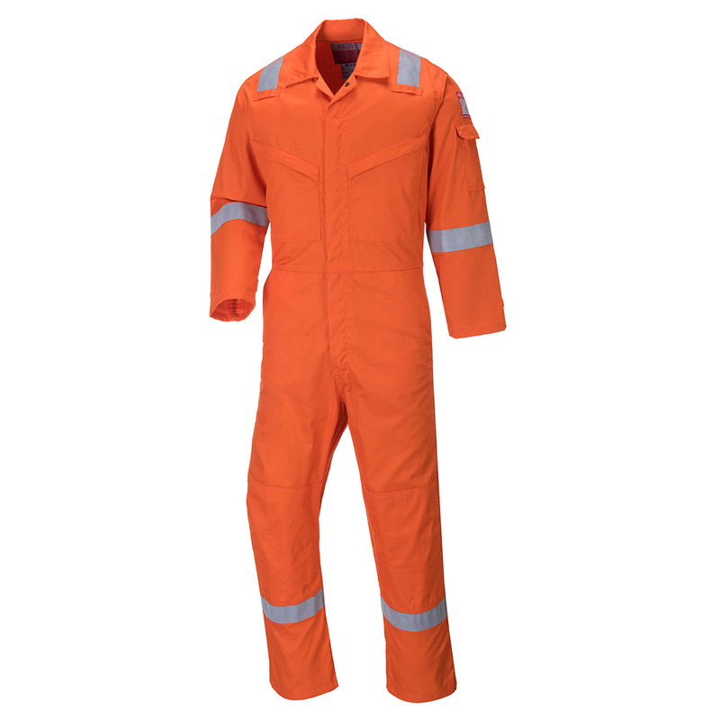 High-visibility orange flame-retardant Aberdeen coverall with inch sizing, certified to EN standards